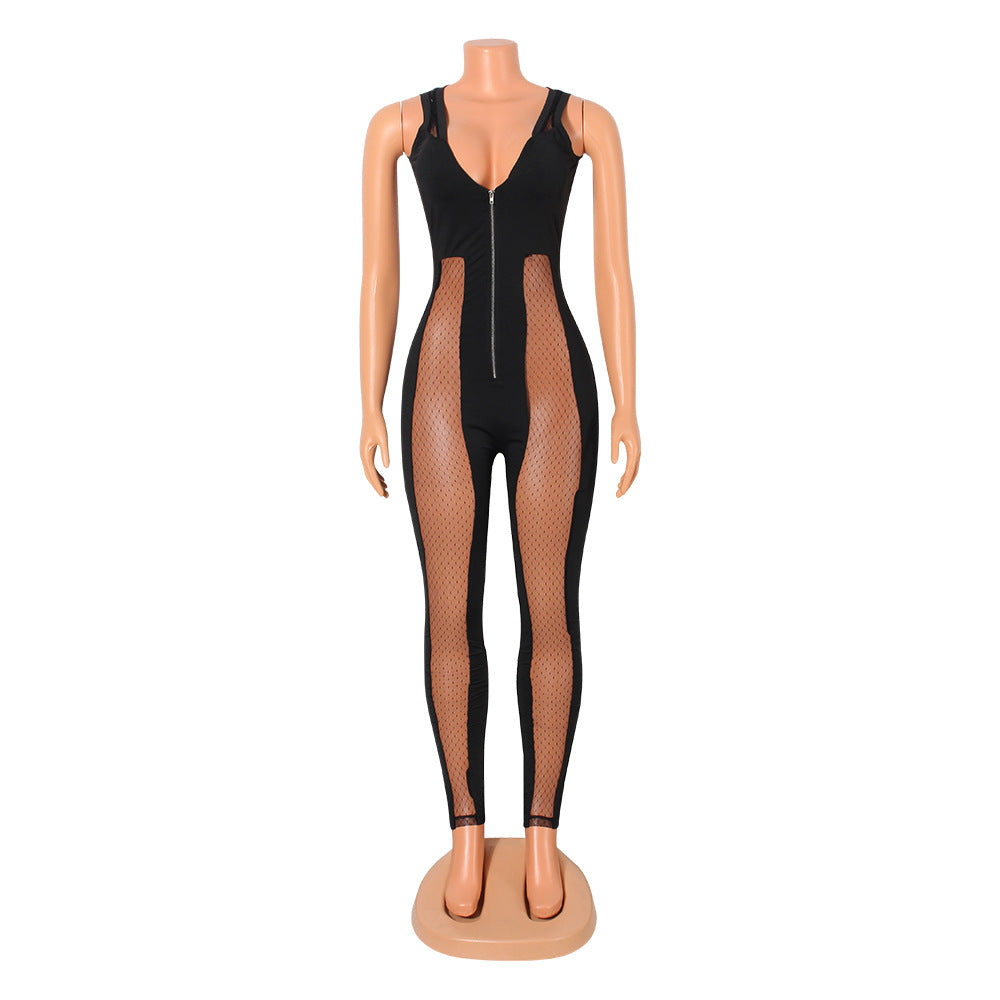 Women's Fashion Sexy Mesh See-through Stitching Jumpsuit Women