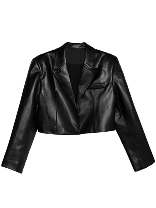 Spring Black Casual Short Soft Light Pu Leather Jacket with Long Sleeve Spring Womens Fashion Blazer Autumn Clothes