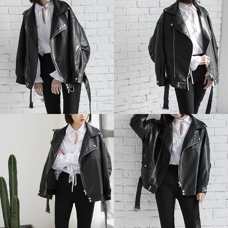 High Quality Spring Black PU Leather Loose Turn-down Collar Zipper Fashion New Women's Wild Jacket