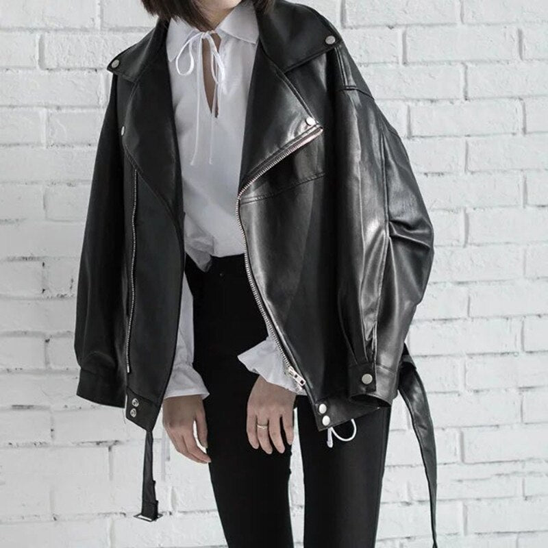 High Quality Spring Black PU Leather Loose Turn-down Collar Zipper Fashion New Women's Wild Jacket