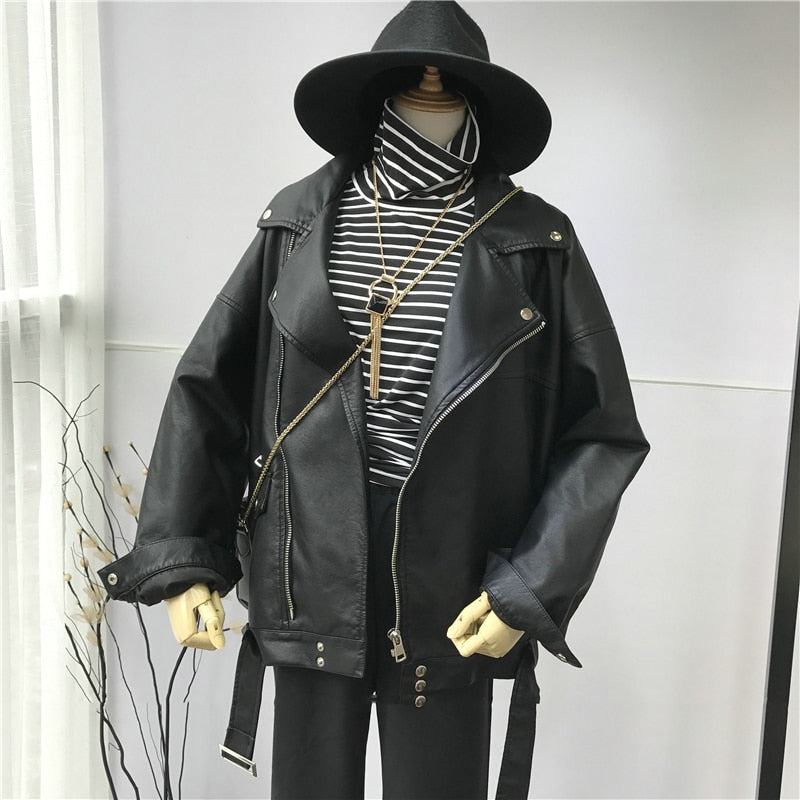 High Quality Spring Black PU Leather Loose Turn-down Collar Zipper Fashion New Women's Wild Jacket