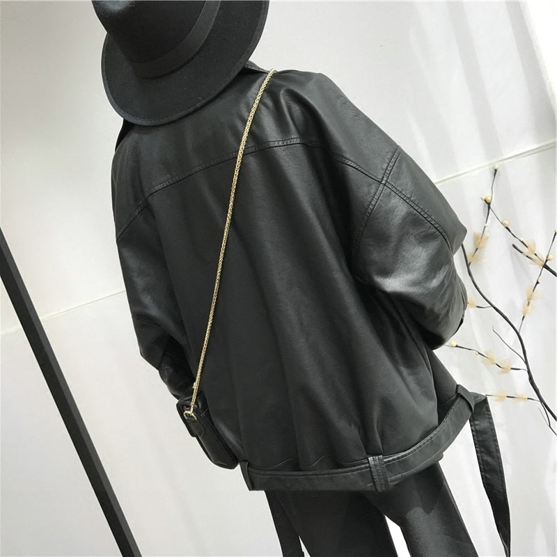 High Quality Spring Black PU Leather Loose Turn-down Collar Zipper Fashion New Women's Wild Jacket