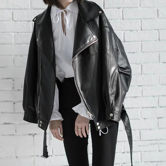 High Quality Spring Black PU Leather Loose Turn-down Collar Zipper Fashion New Women's Wild Jacket