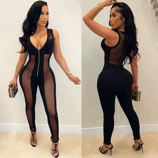 Women's Fashion Sexy Mesh See-through Stitching Jumpsuit Women